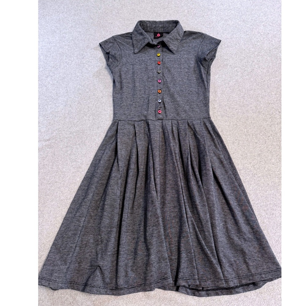 Filositas Polo Dress Girls Large Grey Rainbow Button Pleated Fit And Flare
